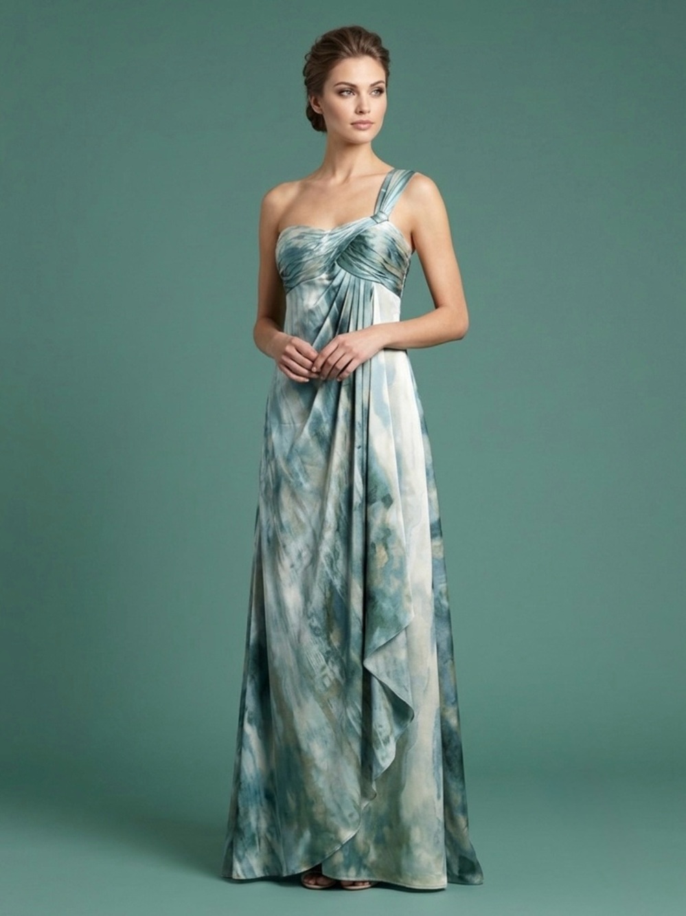 Rickie Freeman for Teri Jon One Shoulder Blue Aqua Satin Beautiful Gown Size 2